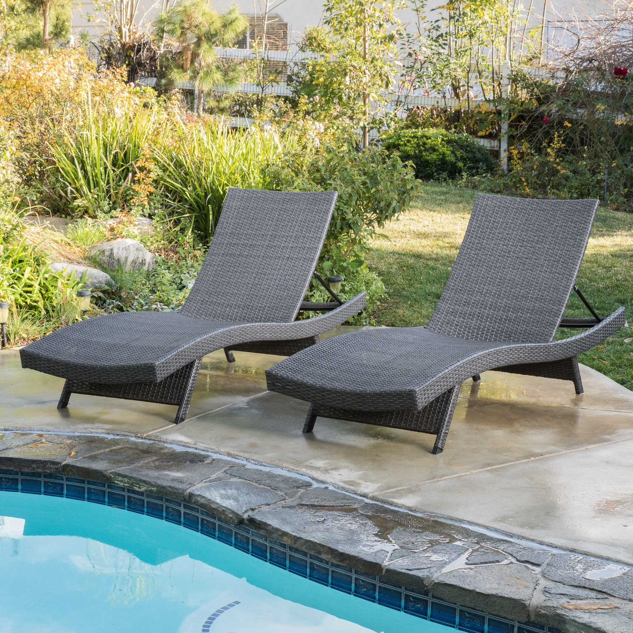 Olivia Outdoor Grey Wicker Chaise Lounge Chairs (S...