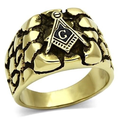 Gold Plated Rocky Face Freemason Ring / Masonic Ri...