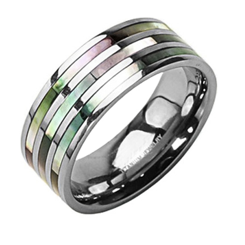 Triple Multi Color Abalone Inlay Ring - Titanium S...
