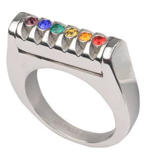 A Rainbow Grooved Top CZ Ring - LGBT Gay and Lesbi...