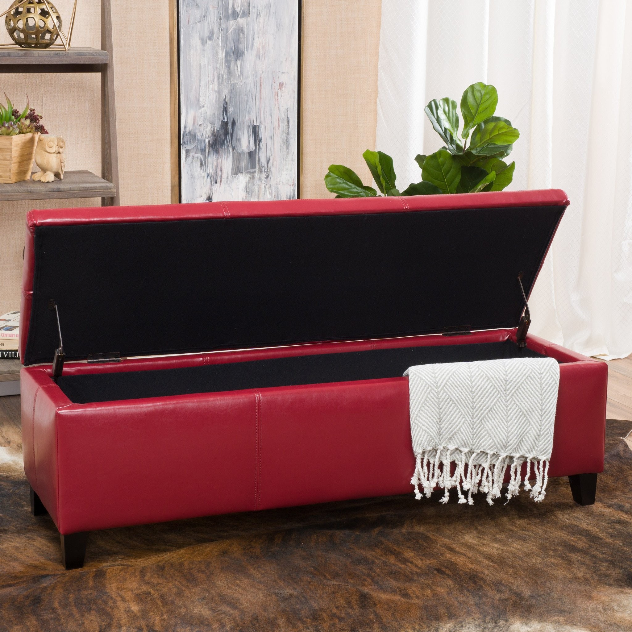 Skyler Red Leather Storage Ottoman Bench