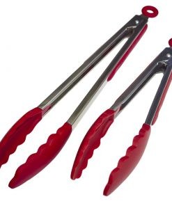 Stainless Steel Silicone Red BBQ Tongs - Grilldemo...