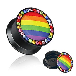 Pair of Rainbow Flag Gem Rimmed Plug Earrings - Ga...