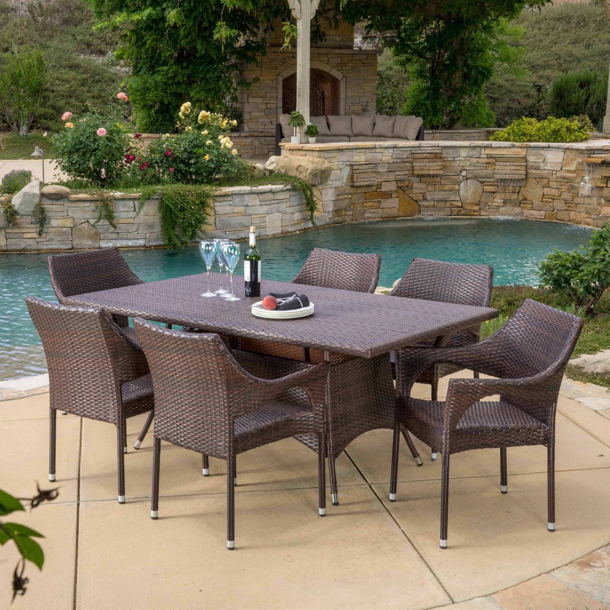 Clayton Outdoor 7pc Multibrown Wicker Dining Set