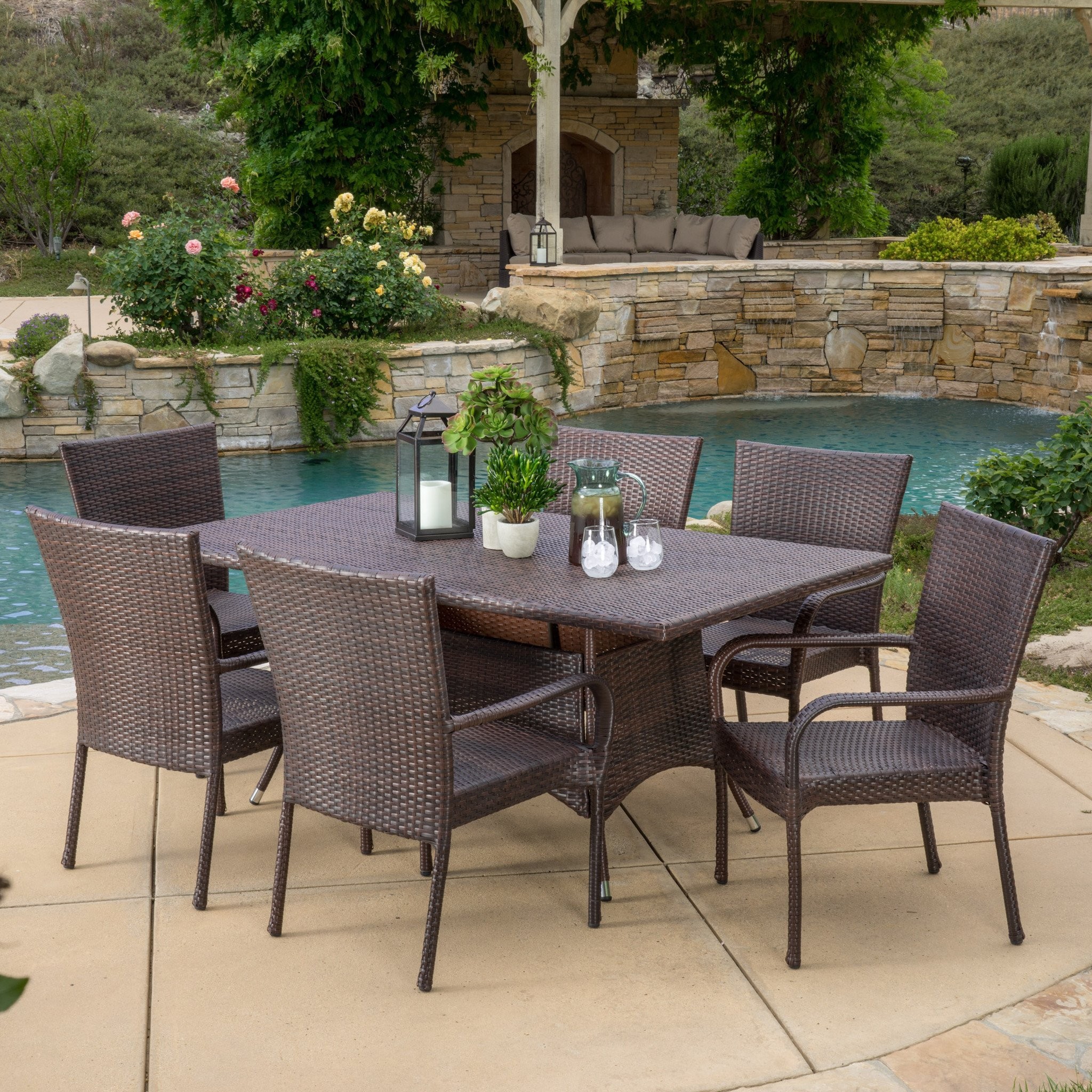 Kory Outdoor 7pc Multibrown Wicker Dining Set