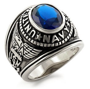 USN - Navy Military Ring (Stainless Steel with Blu...