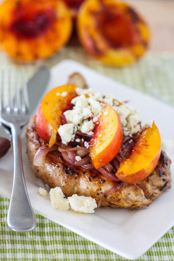 Pork Chops with Grilled Nectarines, Caramelized On...