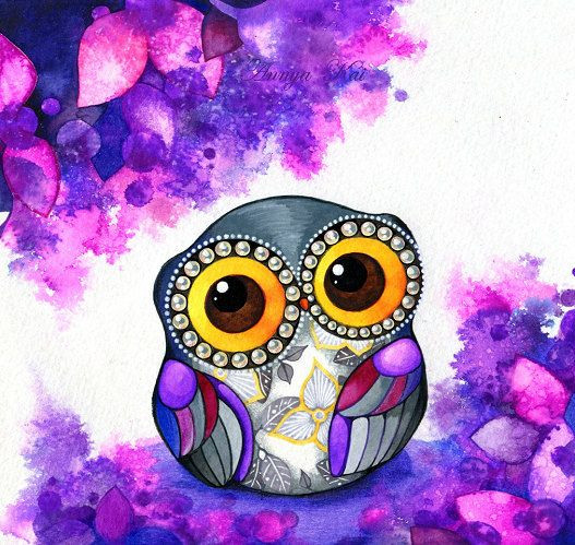 Items similar to Owl in Purple Blossoms - Purple N...