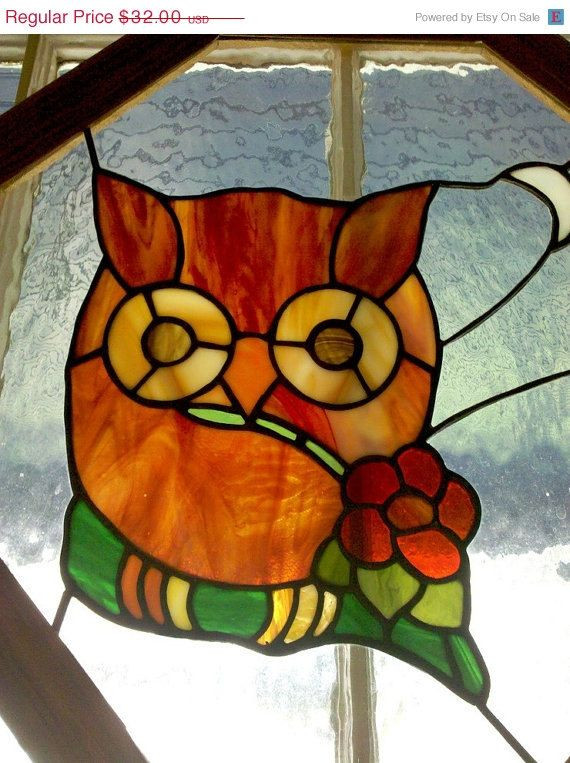Sale Stained Glass Owl Window - Vintage Art in Woo...