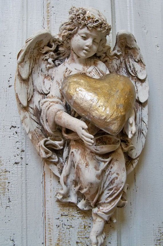 Angel sculpture hand painted distressed figurine h...