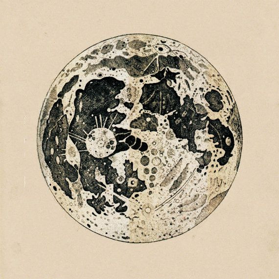Astronomy Print Antique engraving of the Moon Reco...