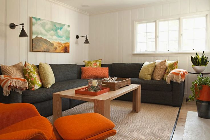 contemporary family room.  Charcoal sectional, pan...