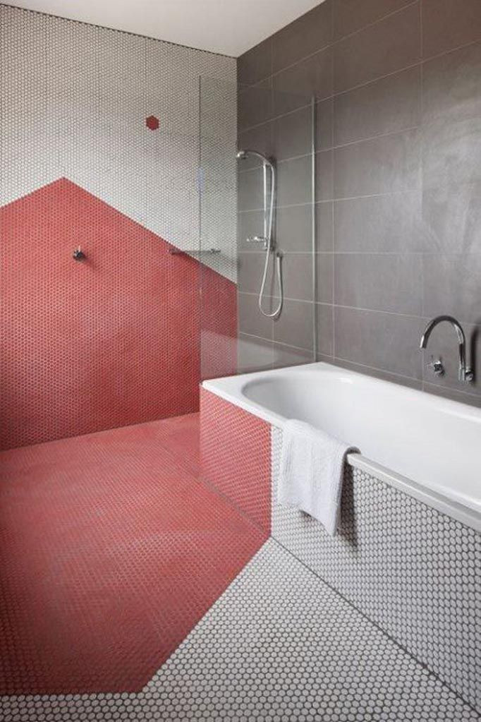 geometric red + white mosaic bathroom tile