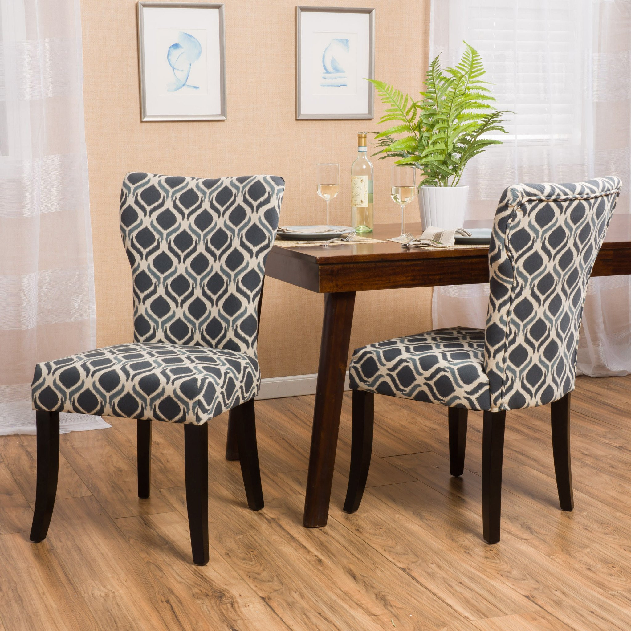 Kalee Light and Navy Blue Print Fabric Dining Chai...