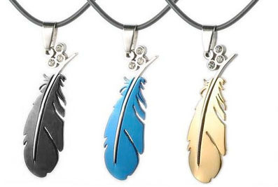 Blue, Black or Gold Feather Pendant (PVC rope chai...