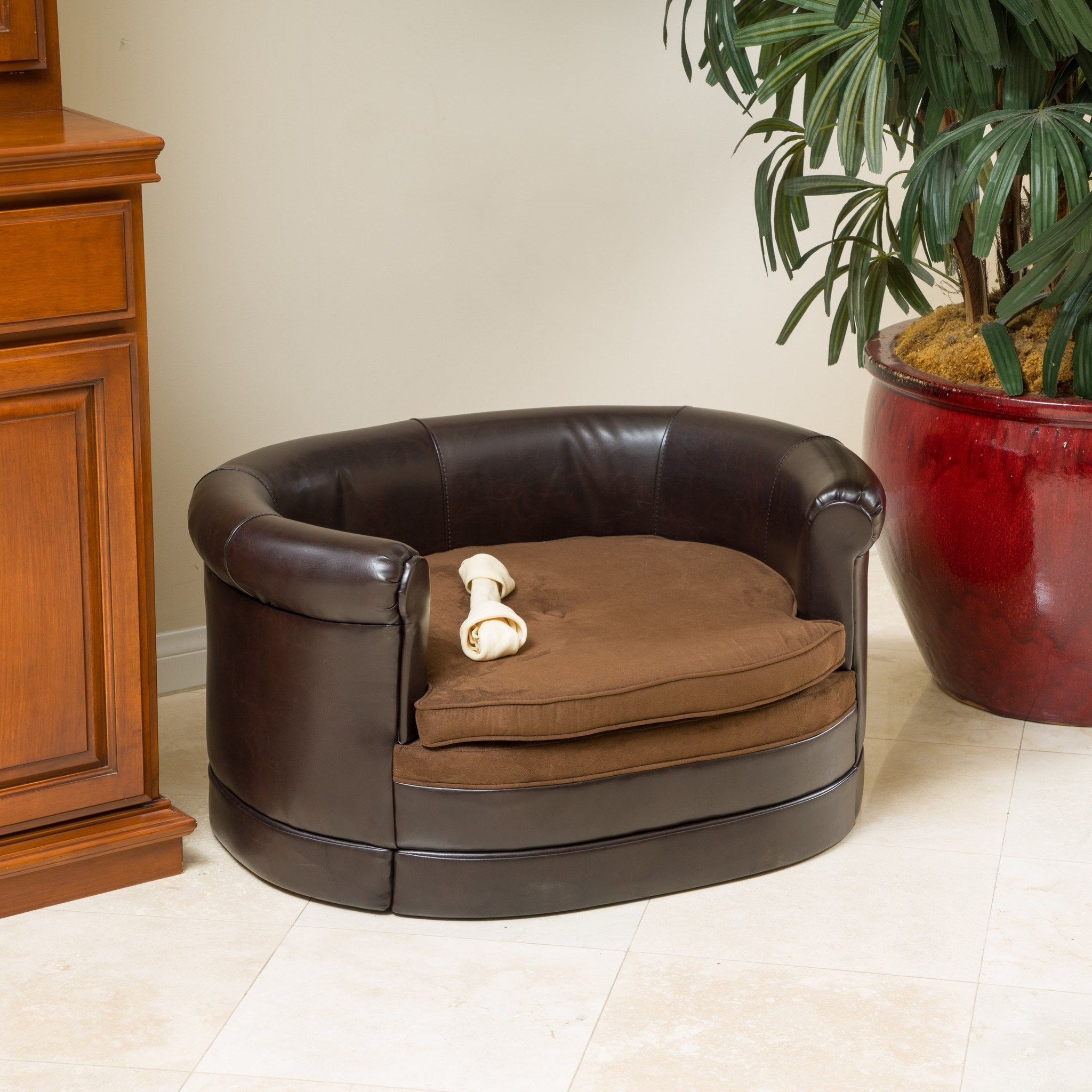 Rover Oval Chocolate Brown Leather Dog Sofa Bed