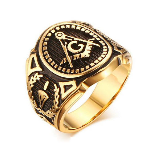 Gold Color Freemason Ring - stainless steel with c...