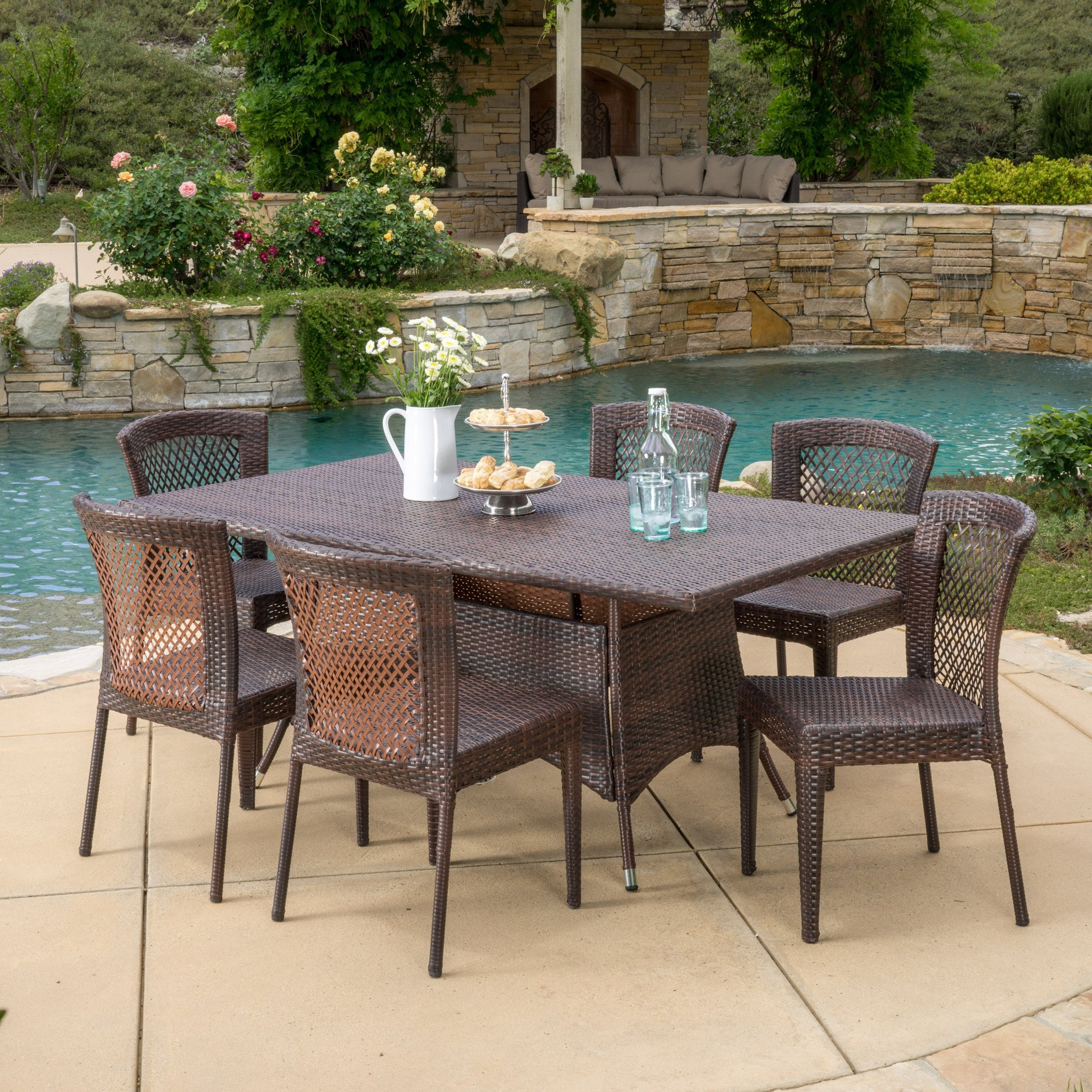 Perry Outdoor 7pc Multibrown Wicker Dining Set