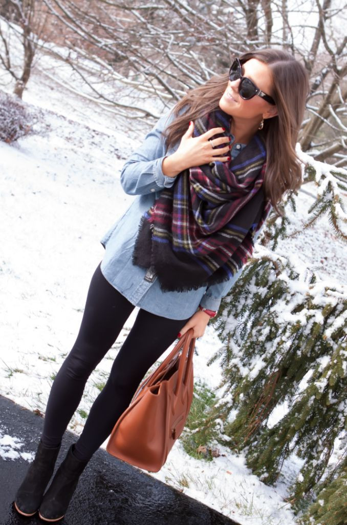 ankle boots with leggings, blanket scarf, chambray...