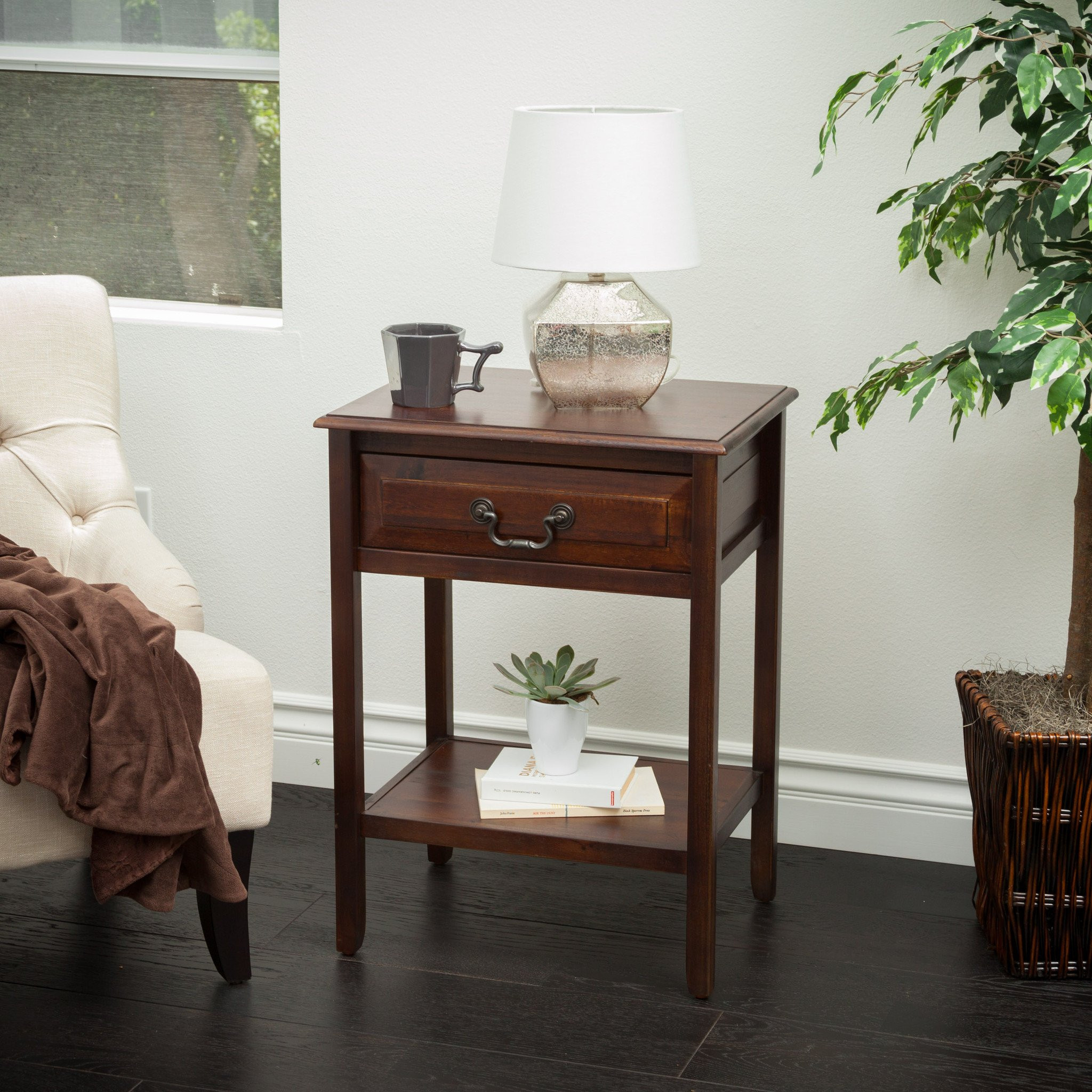 Noah Brown Mahogany Wood Top Drawer Accent Table