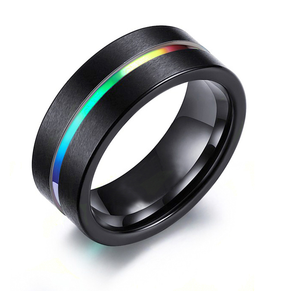 Rainbow Anodized Black Tungsten Carbide Steel Ring...