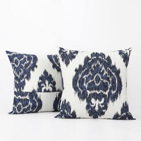 Ikat Blue Printed Cotton Cushion Cover (Pair)