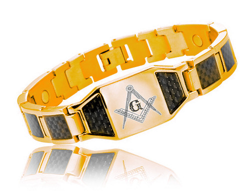 Masonic Bracelet - Gold Plated Steel w/ Black Carb...